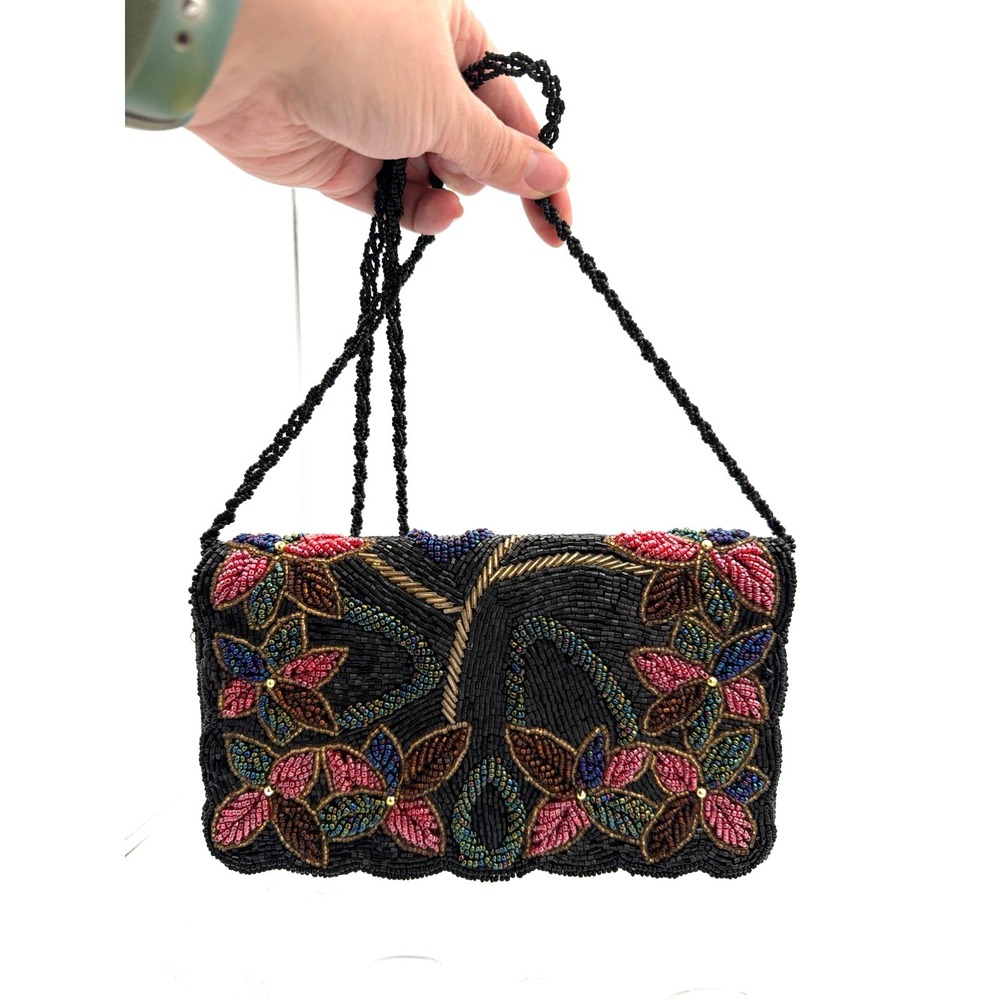 Black Beaded Floral Shoulder Bag Evening Purse Long Strap Vintage Style